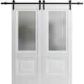 Sartodoors Sturdy Dbl Barn Door 56 x 84in W/, White Silk W/ Frosted Glass, 13FT Rail Hangers Heavy Set LUCIA8822DB-WS-5684